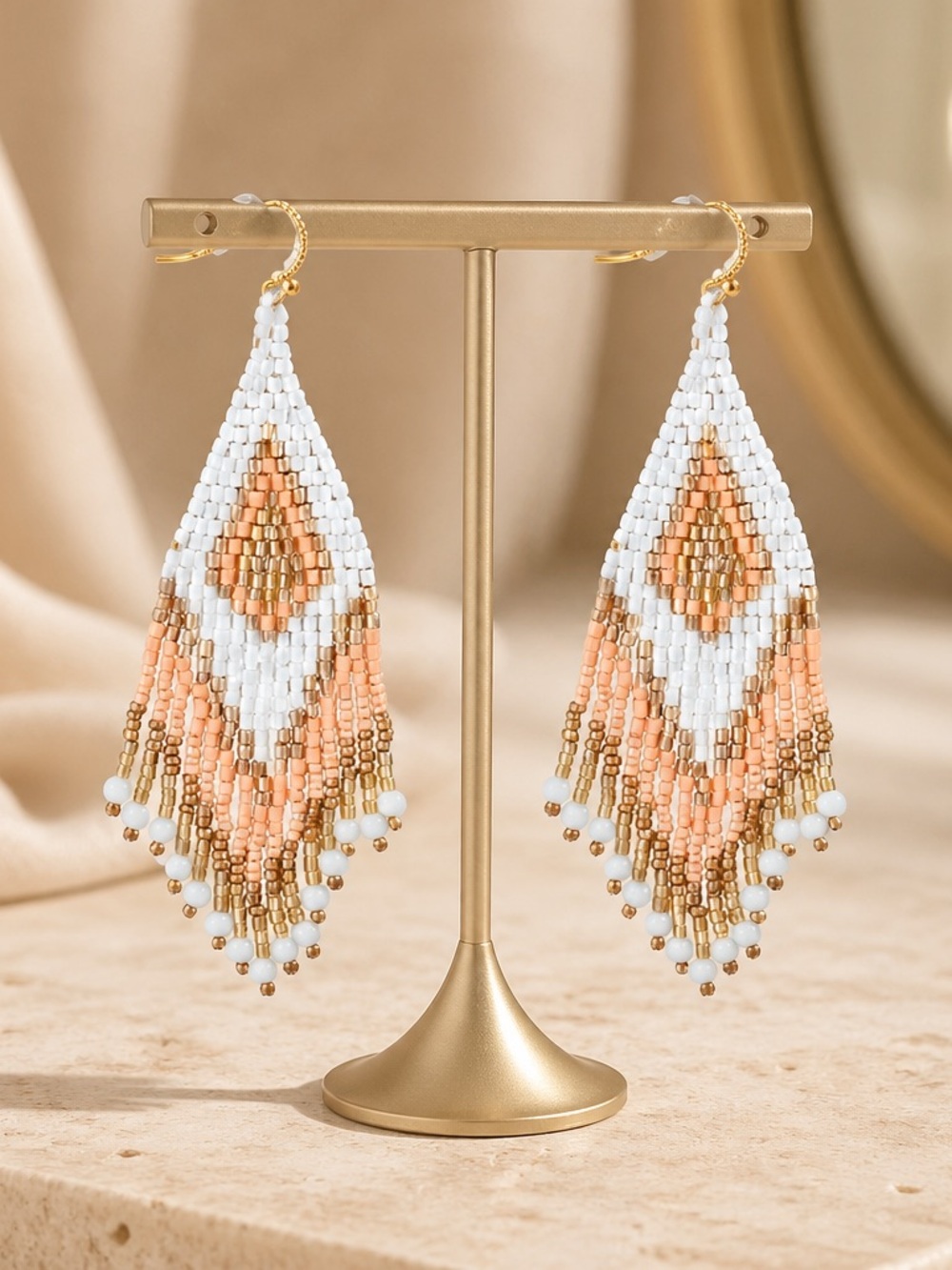 Coral Orange Beaded Fringe Earrings Gold Boho Western Tassel Tribal Cowgirl 4”